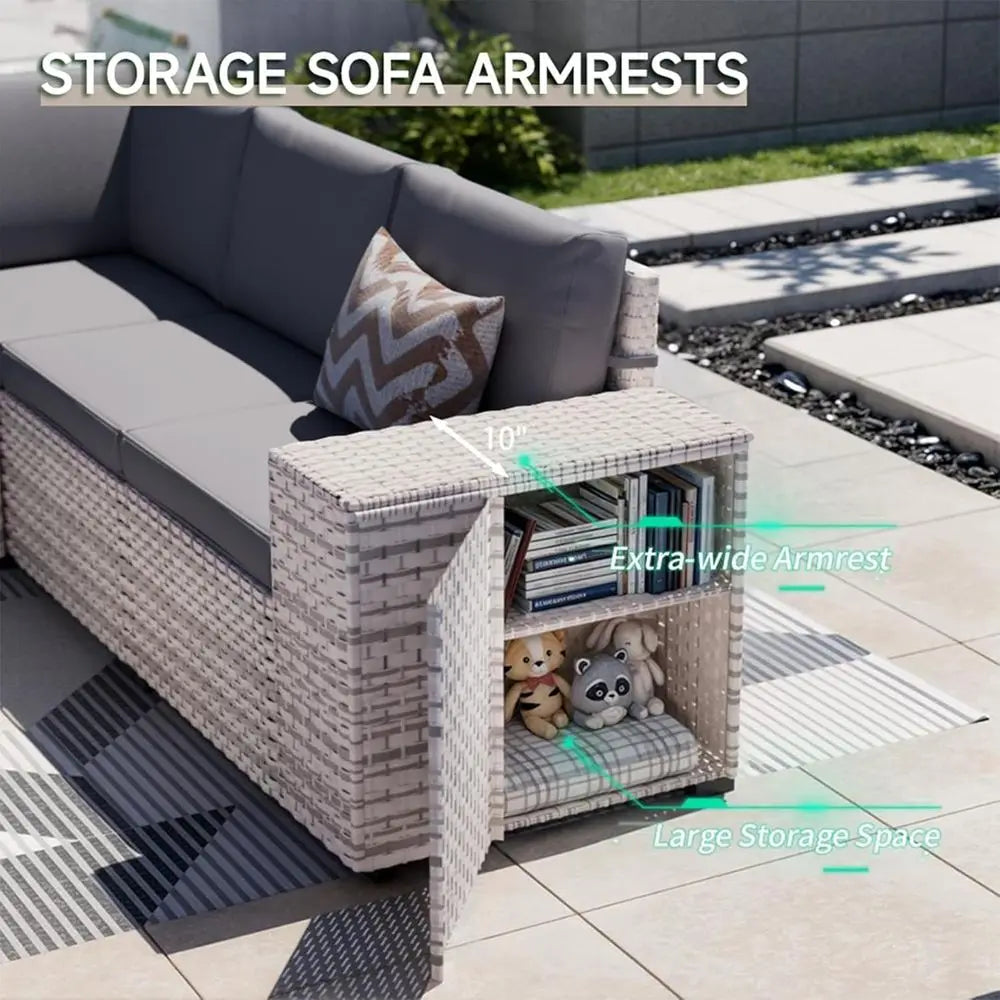 7-Piece Outdoor Wicker Sectional Set with Fire