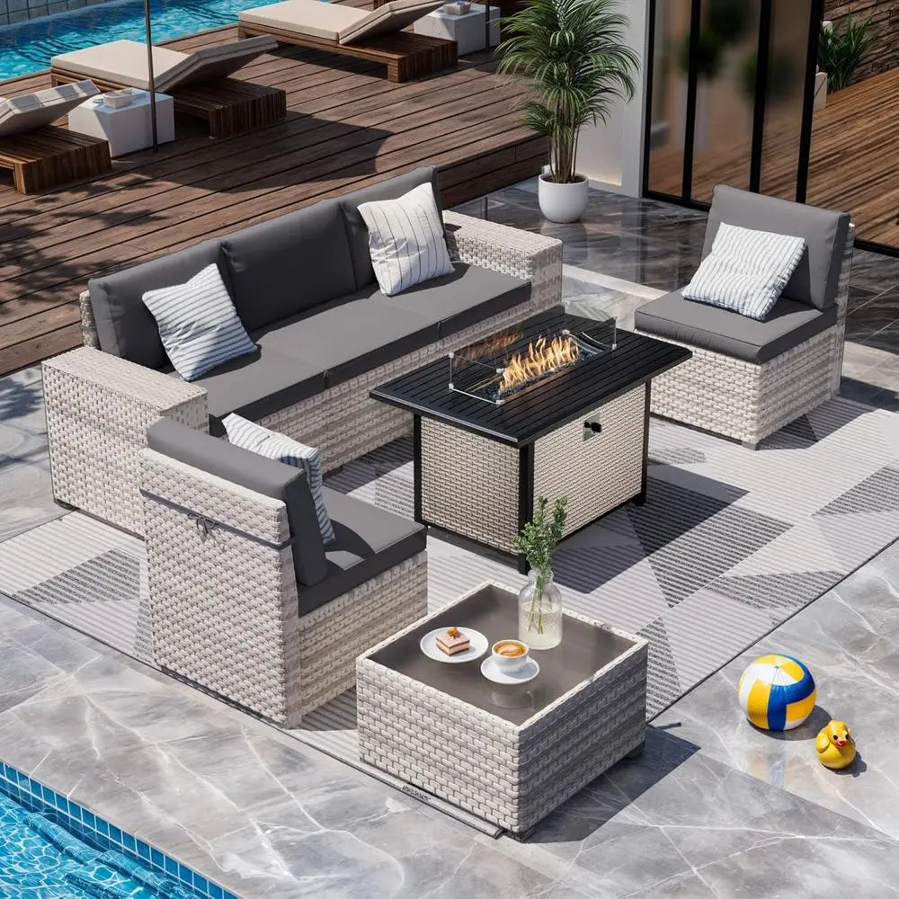 7-Piece Outdoor Wicker Sectional Set with Fire