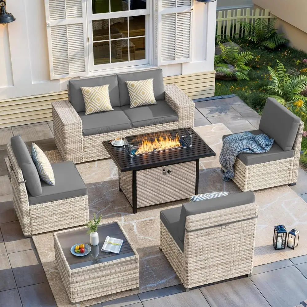 7-Piece Outdoor Wicker Sectional Set with Fire